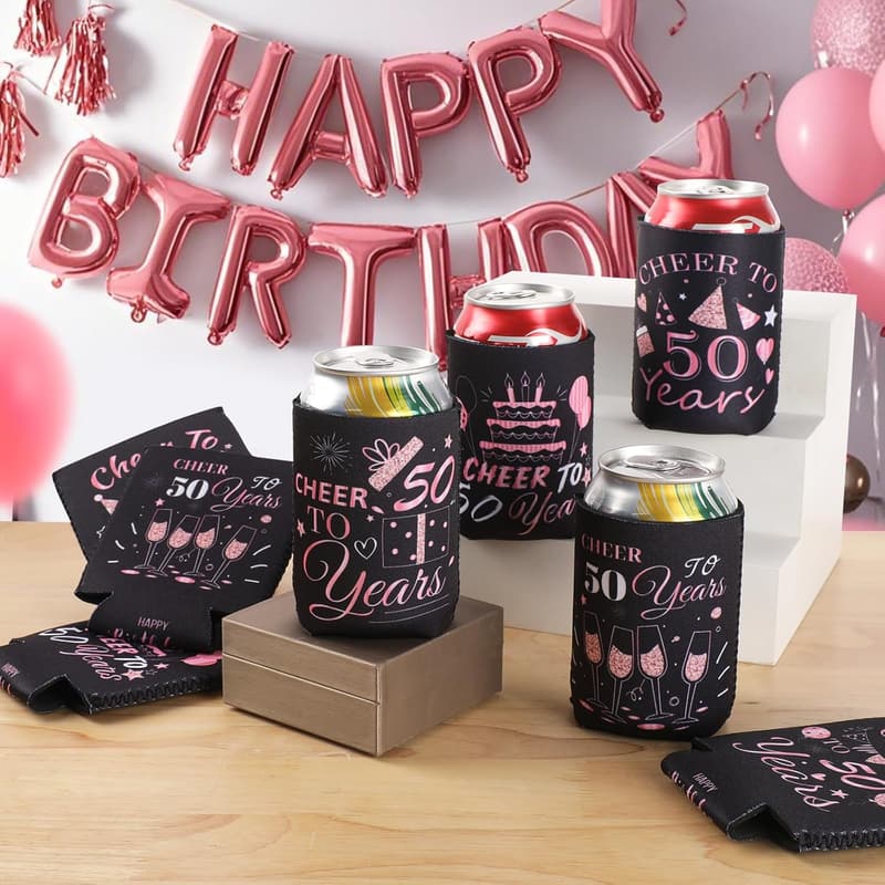50th Birthday Rose Gold Beer Can Coolers - 12 Pack