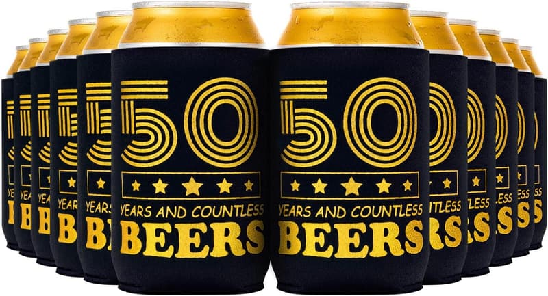 50th Birthday Can Cooler Set for Men – Black & Gold, 12-Pack