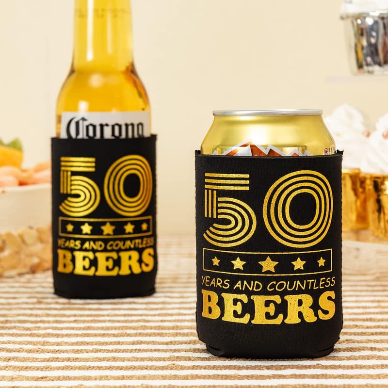 50th Birthday Can Cooler Set for Men – Black & Gold, 12-Pack