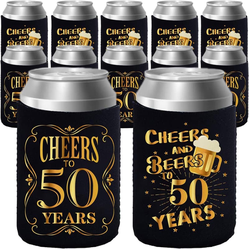 50th Birthday Can Cooler Sleeves - Black & Gold (12 Pcs)