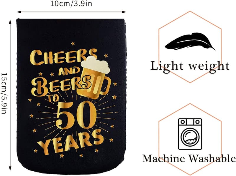 50th Birthday Can Cooler Sleeves - Black & Gold (12 Pcs)