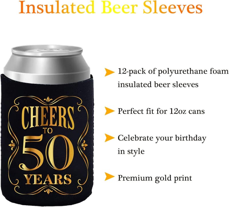 50th Birthday Can Cooler Sleeves - Black & Gold (12 Pcs)