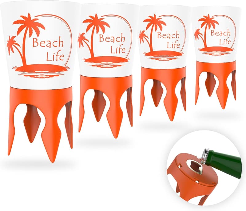 Beach Vacation Cup Holder Set with Bottle Openers & Spikes