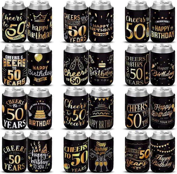 50th Birthday Party Can Sleeves - Black & Gold Set of 24