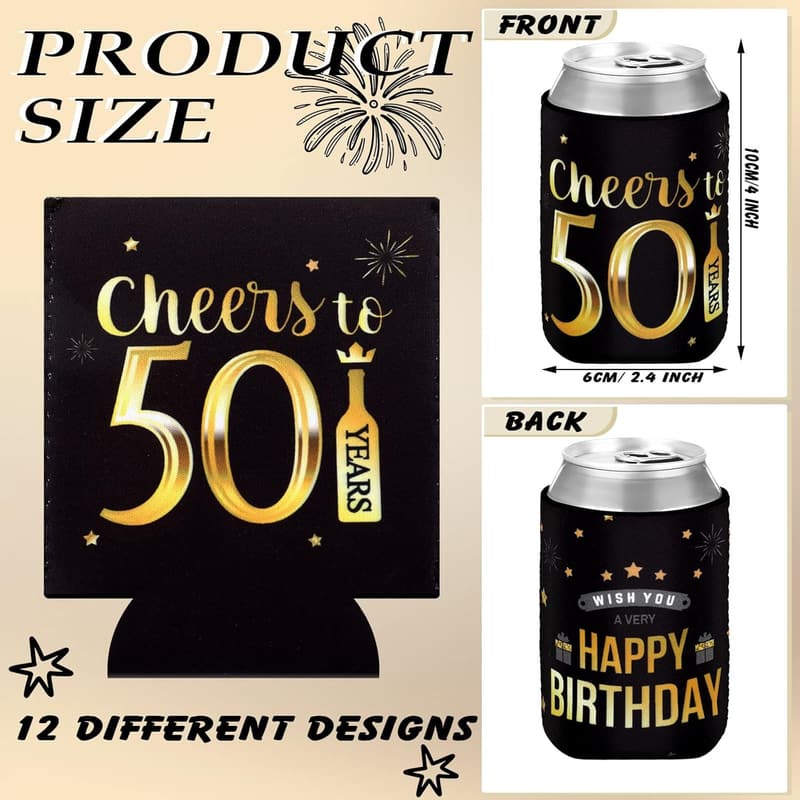 50th Birthday Party Can Sleeves - Black & Gold Set of 24