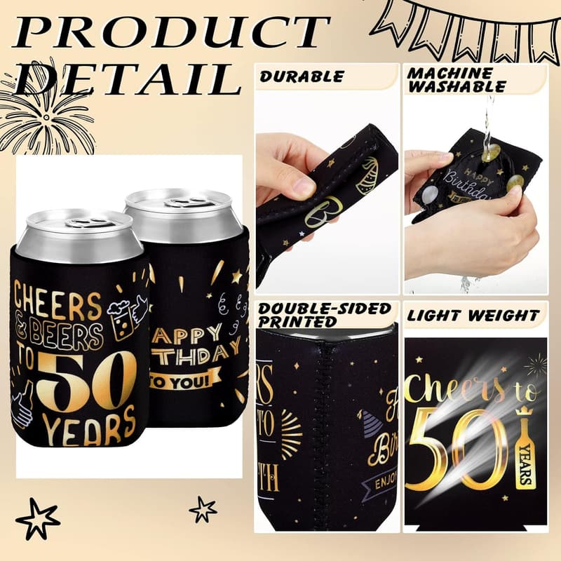 50th Birthday Party Can Sleeves - Black & Gold Set of 24