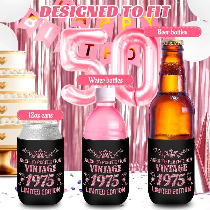 50th Birthday Can Cooler Sleeves - Rose Gold, 12 Pack