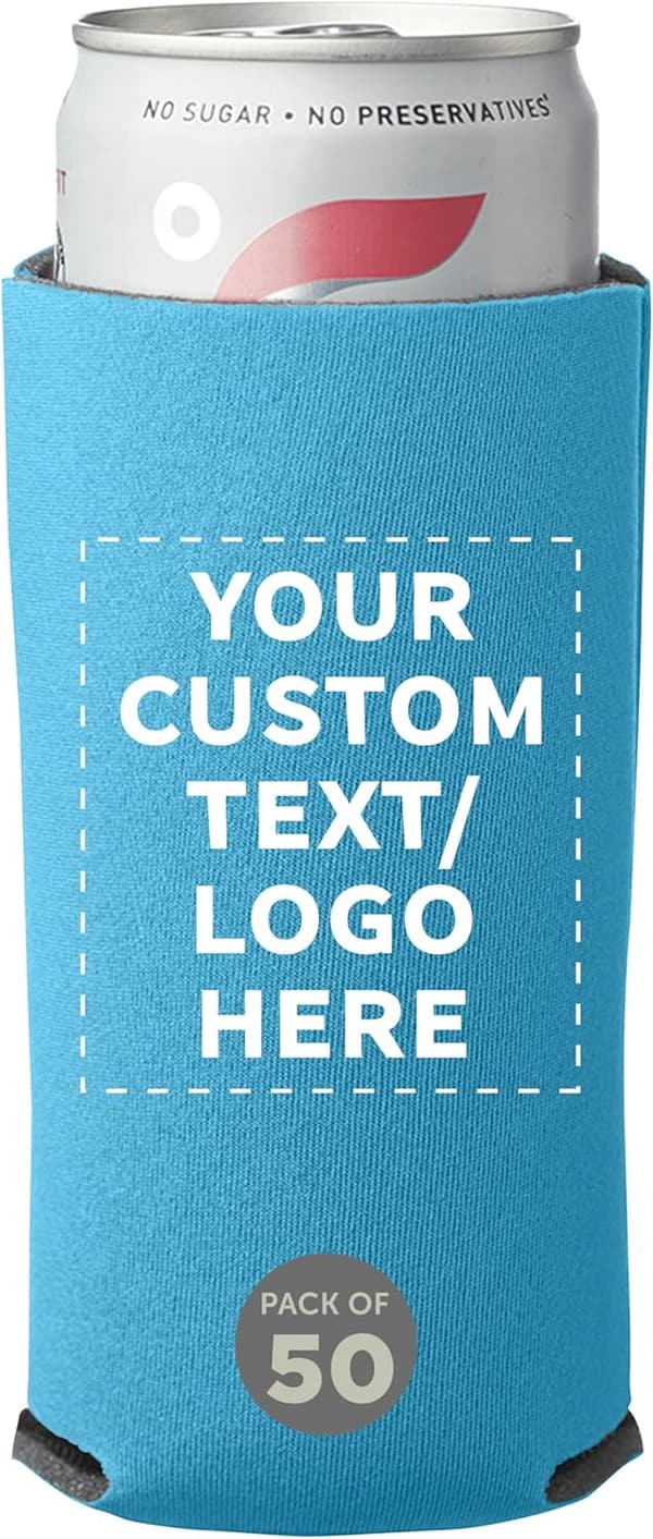 Personalized Neon Blue Slim Can Coolers - Set of 50