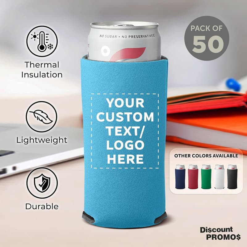Personalized Neon Blue Slim Can Coolers - Set of 50