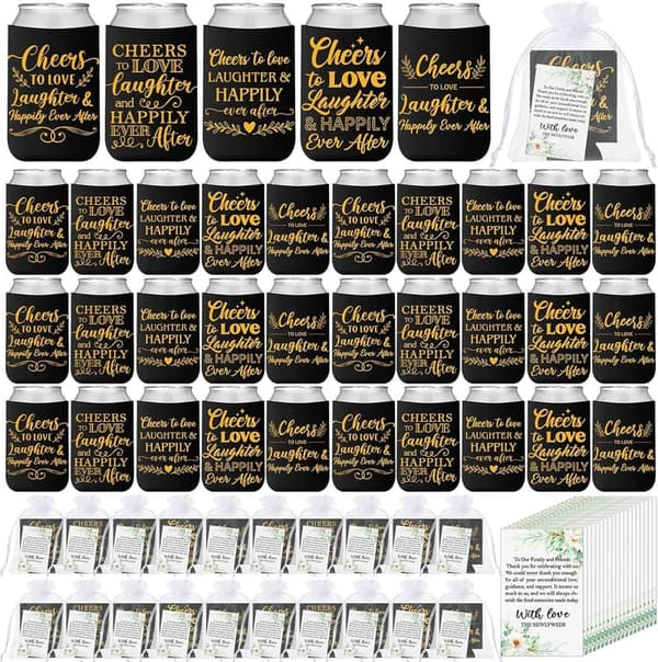 Wedding Favors: 50 Insulated Can Cooler Sleeves with Thank You Cards