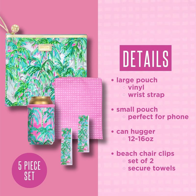Beach Day Pouch Set with Drink Hugger and Towel Clips
