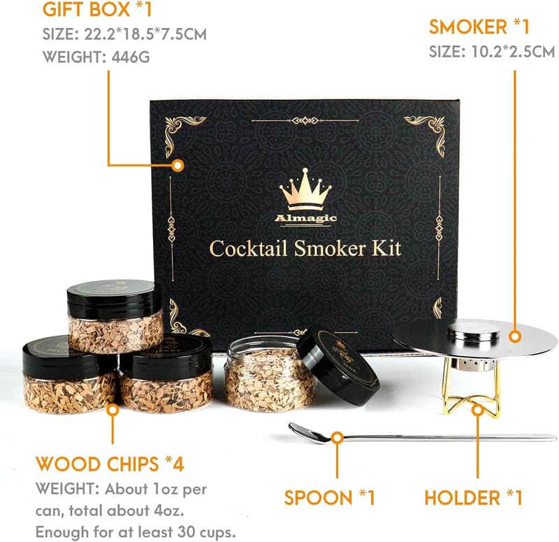 Whiskey Smoker Kit with 4 Wood Chip Flavors - Ideal Gift for Men