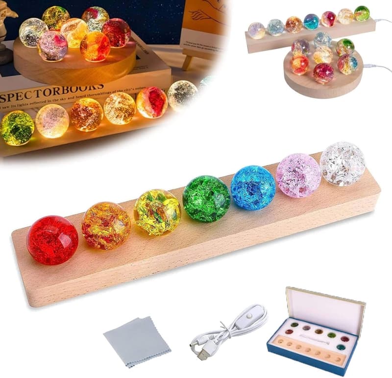 3D Galaxy Night Light with Crystal Balls and Wooden Base