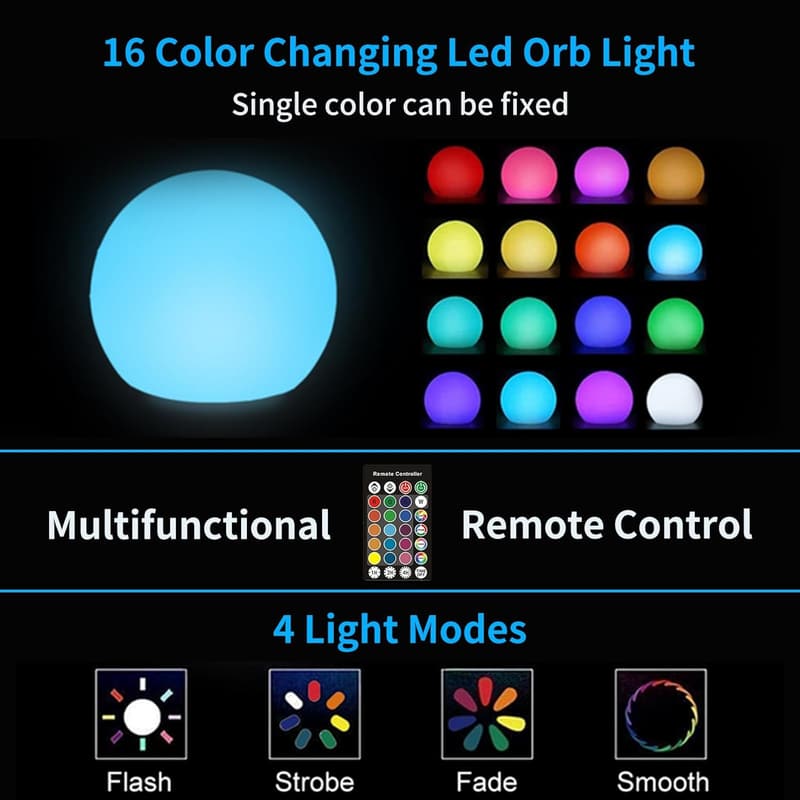 Rechargeable LED Orb Light with Remote - 16 Colors, Waterproof