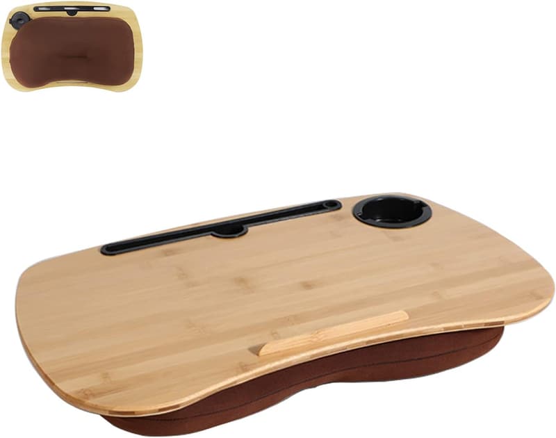 Portable Lap Desk with Cushion, Bamboo Platform & Cup Holder