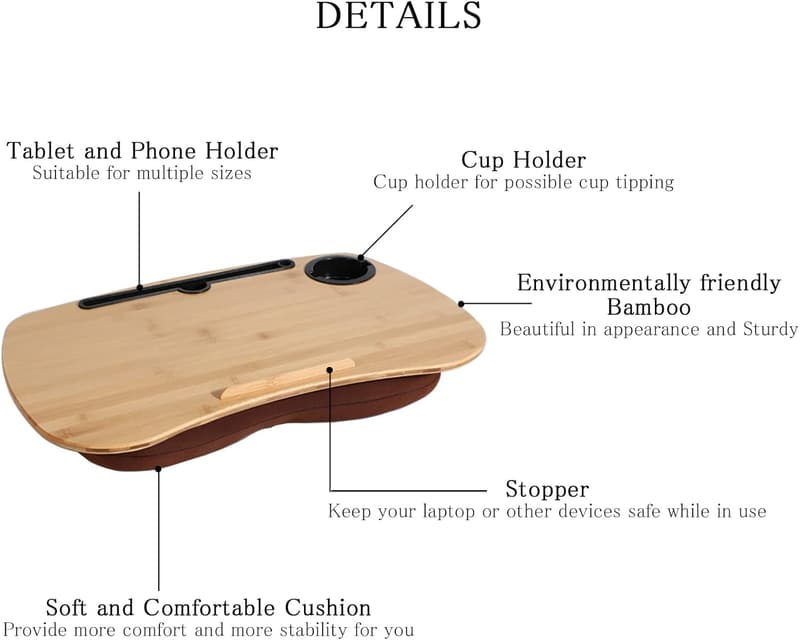 Portable Lap Desk with Cushion, Bamboo Platform & Cup Holder
