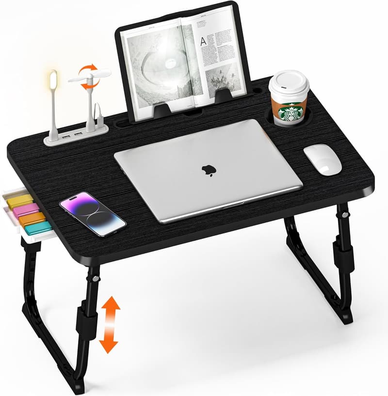 Adjustable Laptop Desk with USB & Storage – Portable Bed Tray, Black