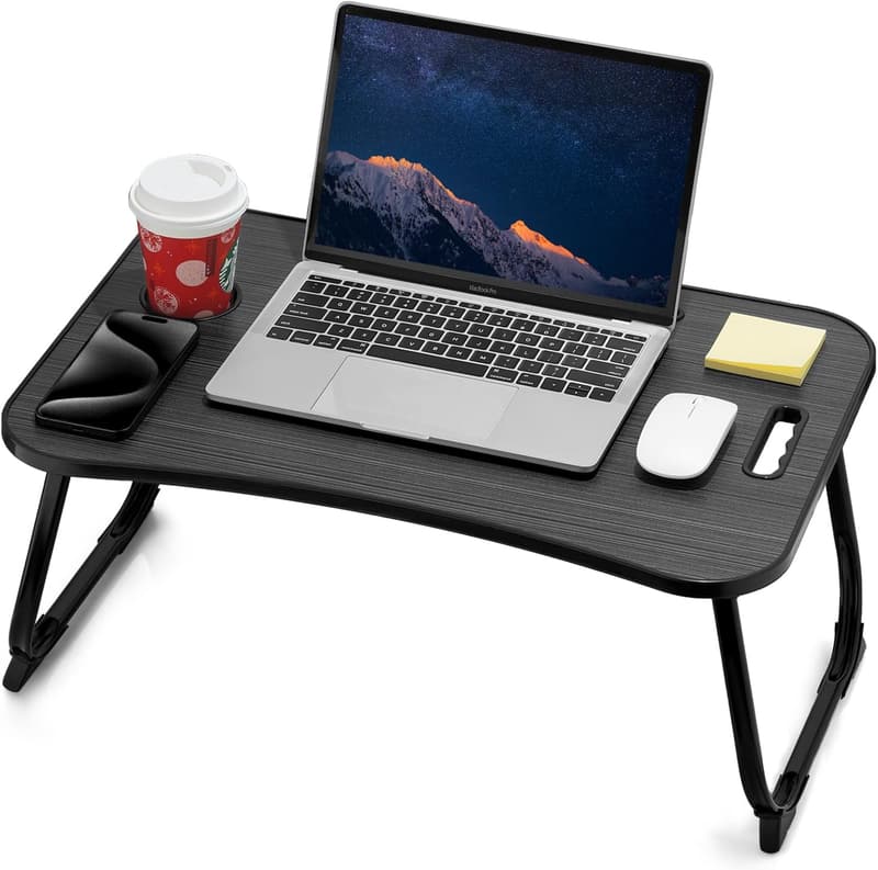Foldable Laptop Bed Desk with Cup Holder & Tablet Slot - Black
