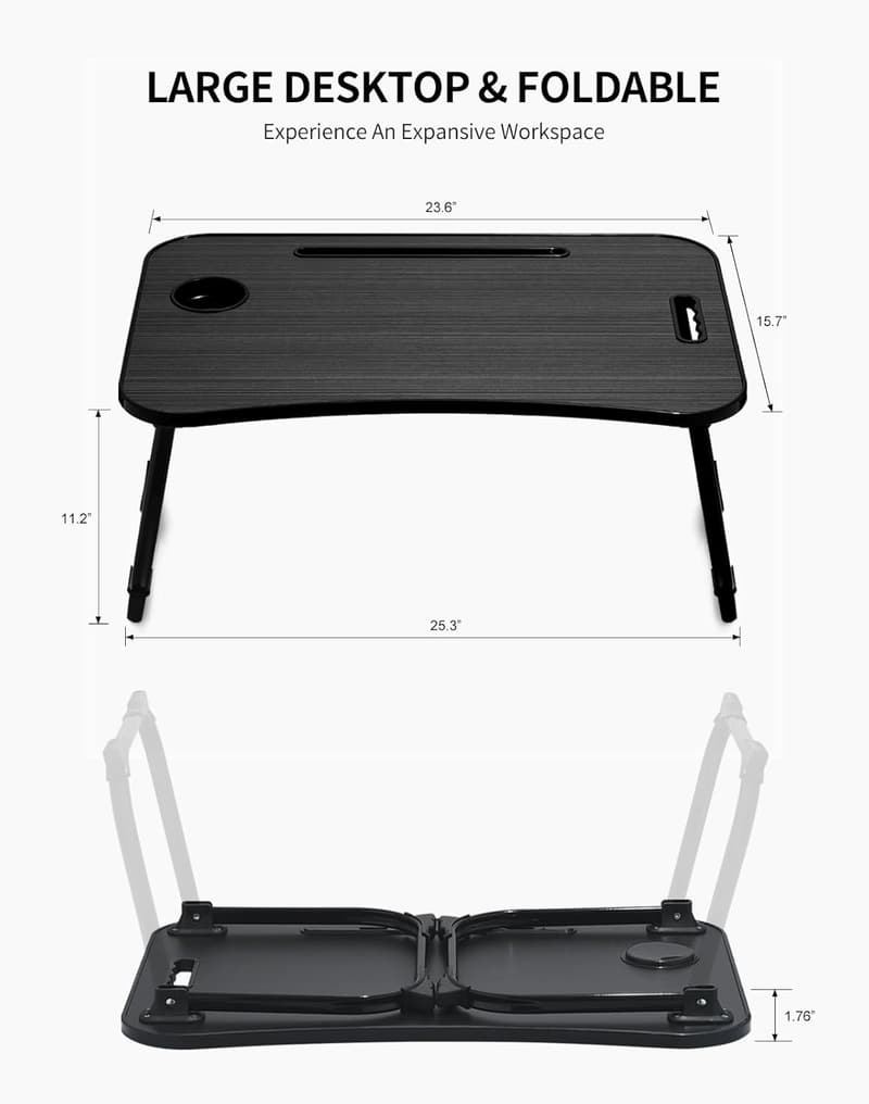Foldable Laptop Bed Desk with Cup Holder & Tablet Slot - Black