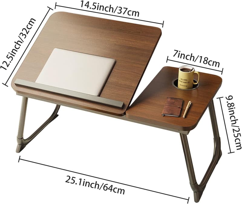 Adjustable Laptop Desk Tray for Bed with Cup Holder (Brown)
