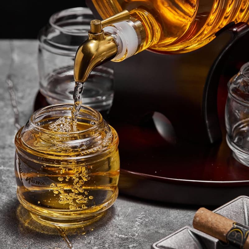 Unique Whiskey Barrel Decanter Set with 4 Glasses for Men