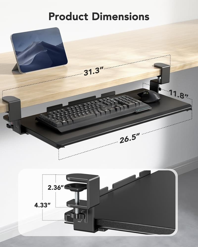 Pull Out Keyboard Tray with C Clamp Mount, Black