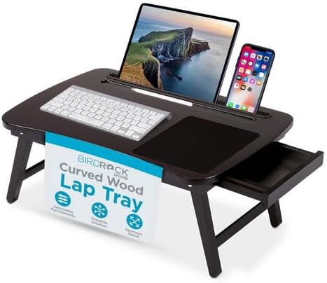 Wooden Lap Tray with Foldout Legs and Storage Drawer - Walnut
