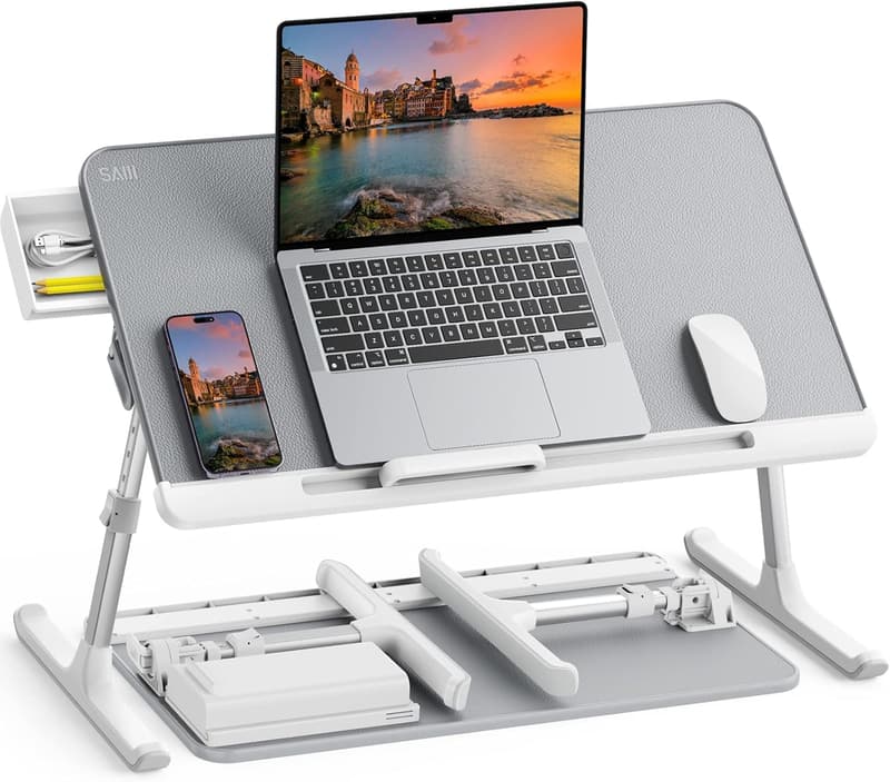 Adjustable PVC Leather Laptop Bed Tray Table with Storage Drawer