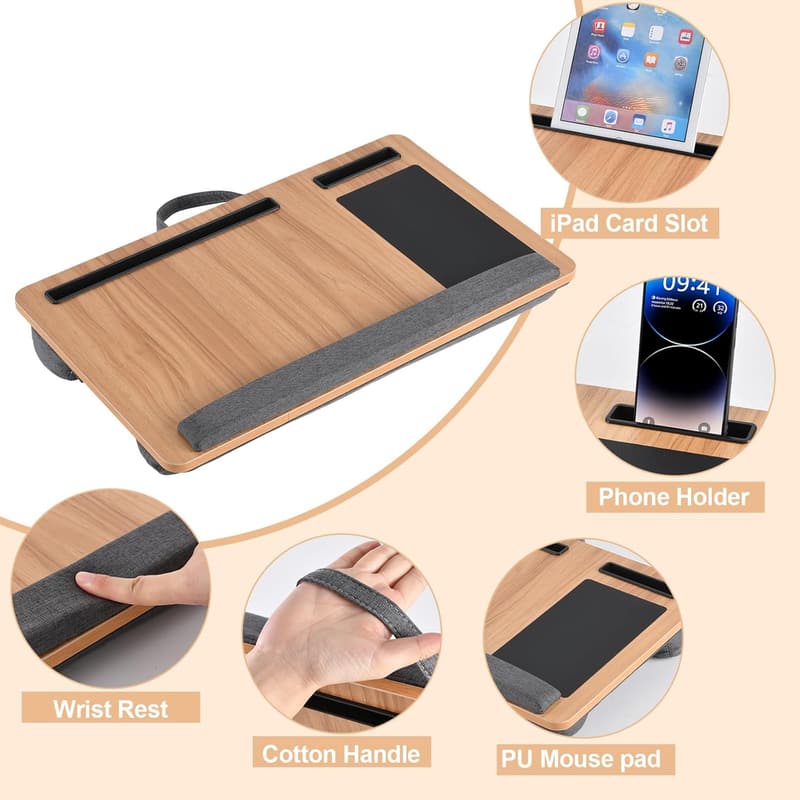 Lap Desk with Cushion, Mouse Pad & Phone Holder for Laptops