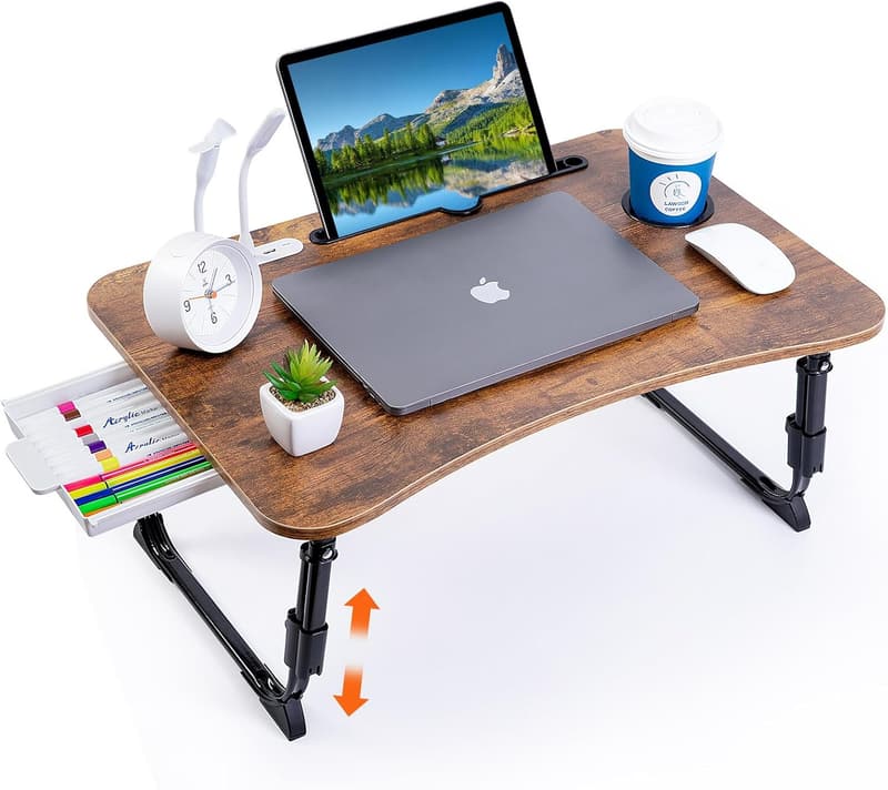 Adjustable Height Laptop Bed Desk with USB and Storage Drawer