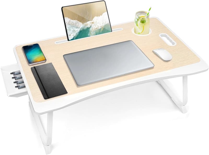 Foldable Laptop Bed Desk with Storage Drawer and Cup Holder