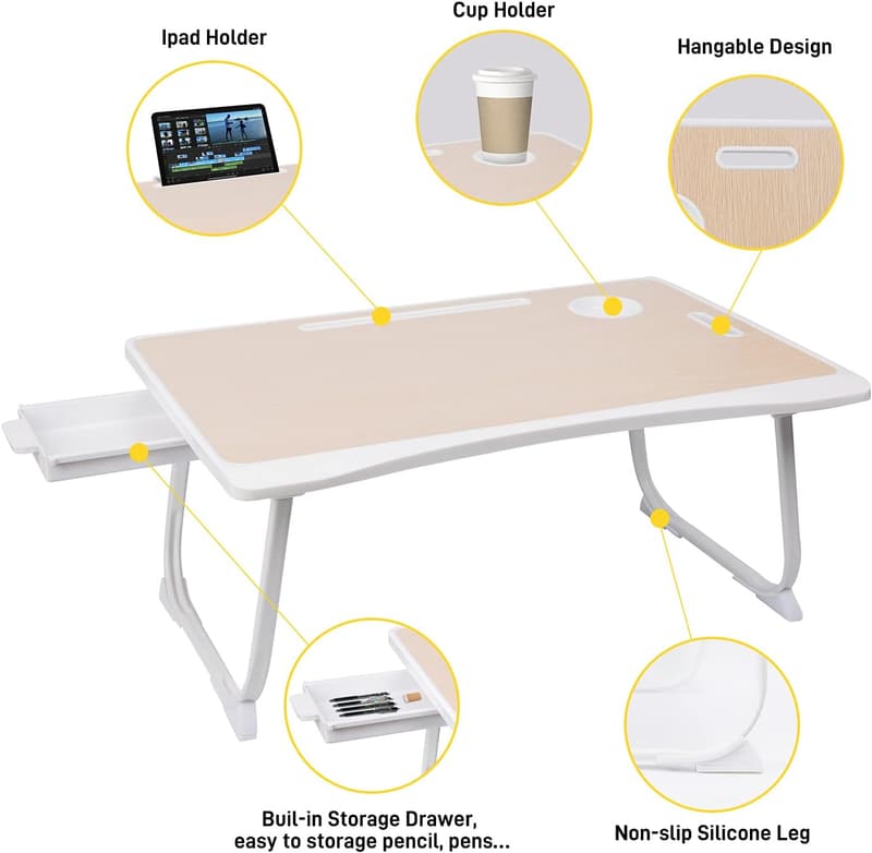 Foldable Laptop Bed Desk with Storage Drawer and Cup Holder