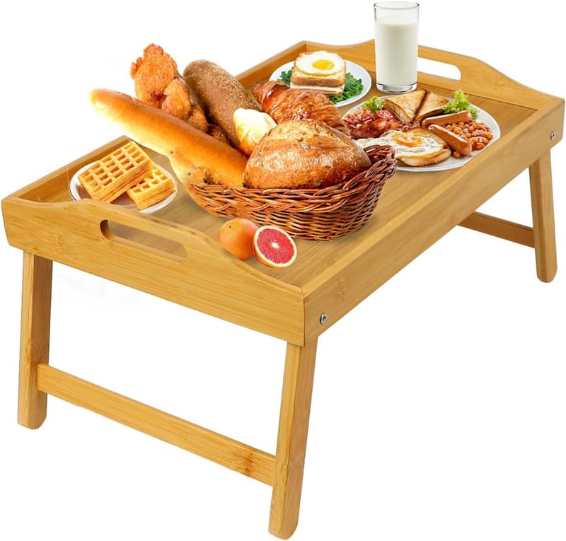 Bamboo Bed Tray Table with Folding Legs and Handles