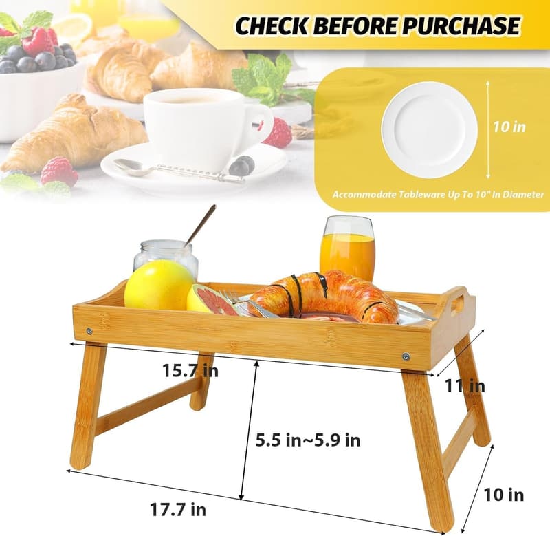 Bamboo Bed Tray Table with Folding Legs and Handles