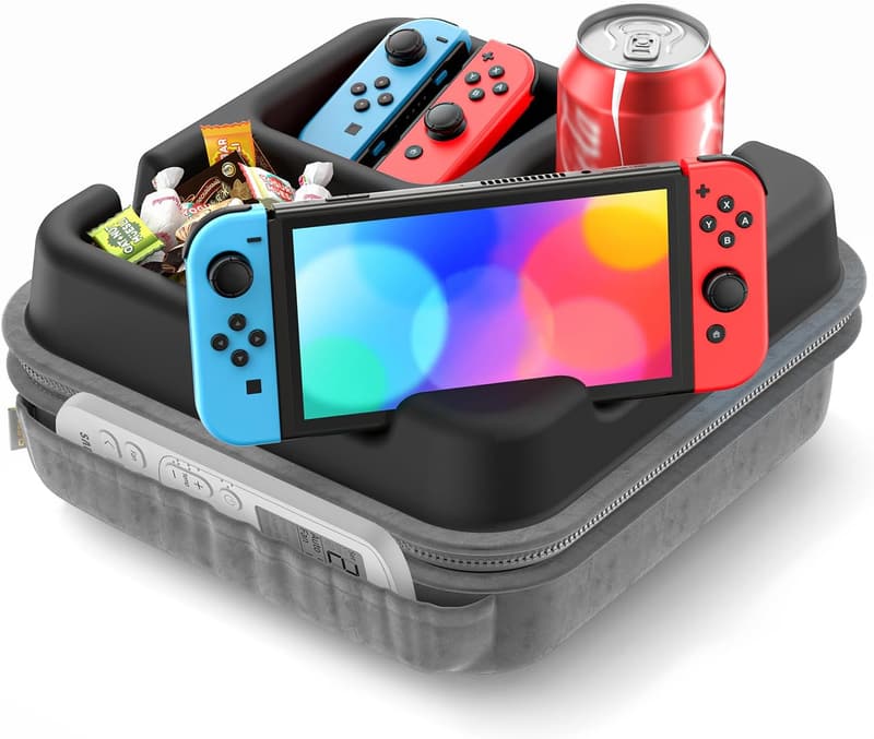 Couch Cup Holder Tray with Tablet Stand and Organizer Pockets