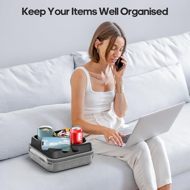 Couch Cup Holder Tray with Tablet Stand and Organizer Pockets