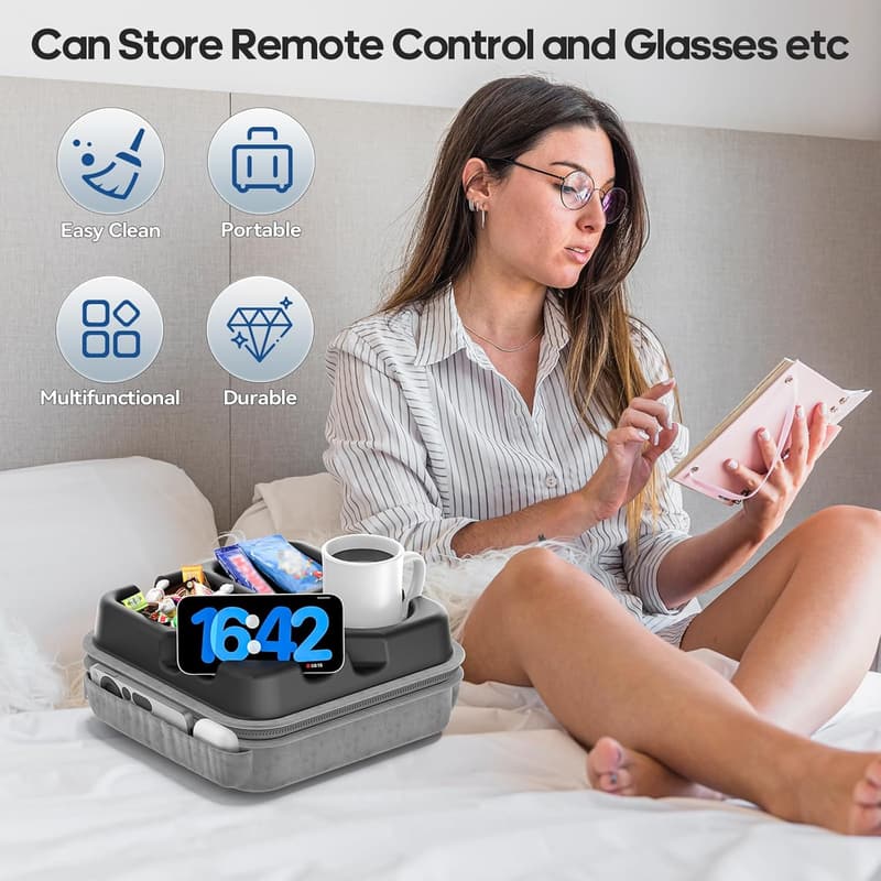 Couch Cup Holder Tray with Tablet Stand and Organizer Pockets