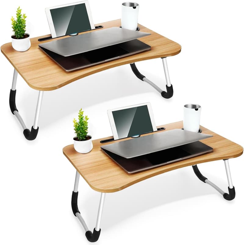 Beige Large Folding Lap Desk with Cup Holder & Phone Stand