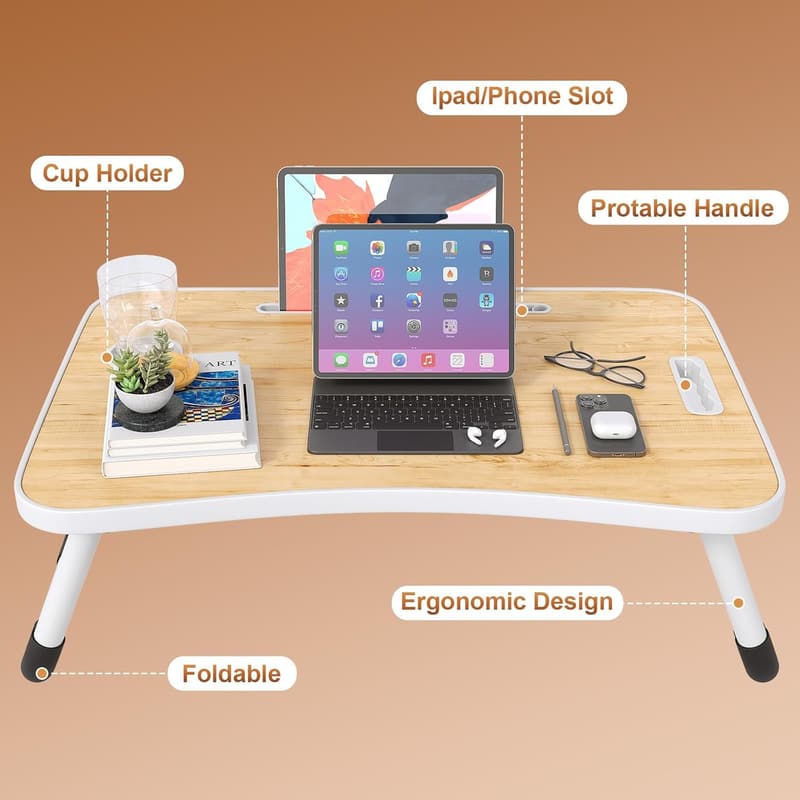 Portable Wooden Lap Desk with Cup Holder for Bed or Sofa