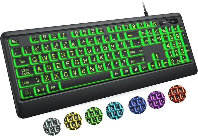 USB Wired Large Print Keyboard with 7 Color Backlighting