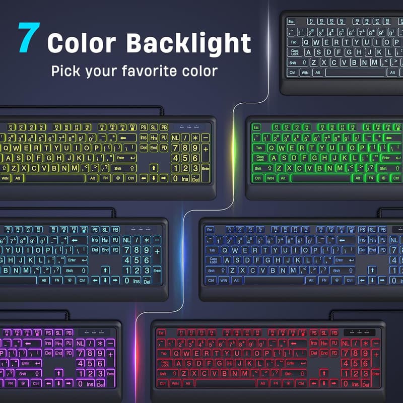 USB Wired Large Print Keyboard with 7 Color Backlighting