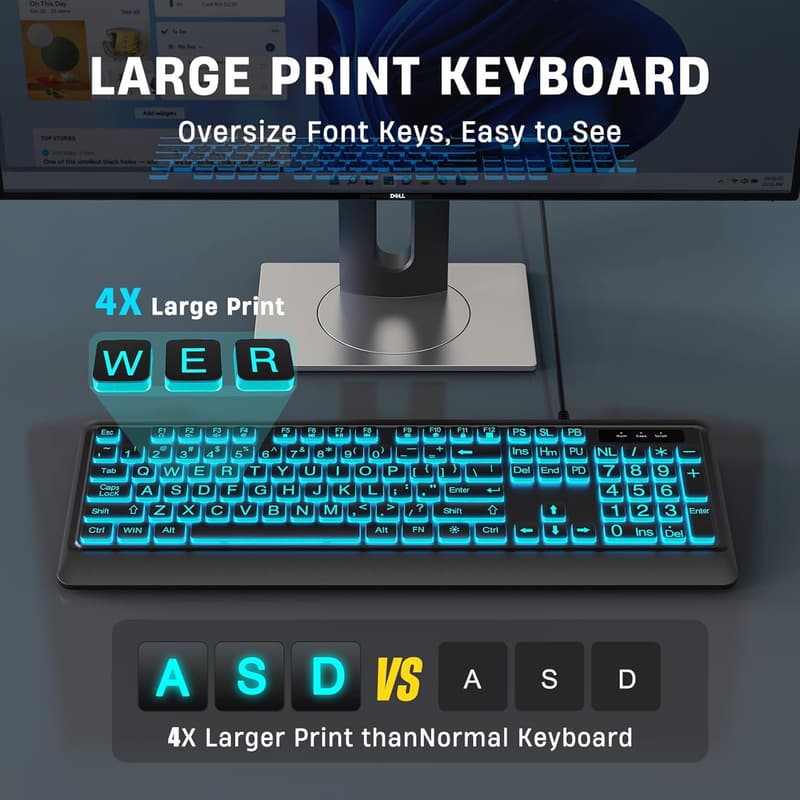 USB Wired Large Print Keyboard with 7 Color Backlighting