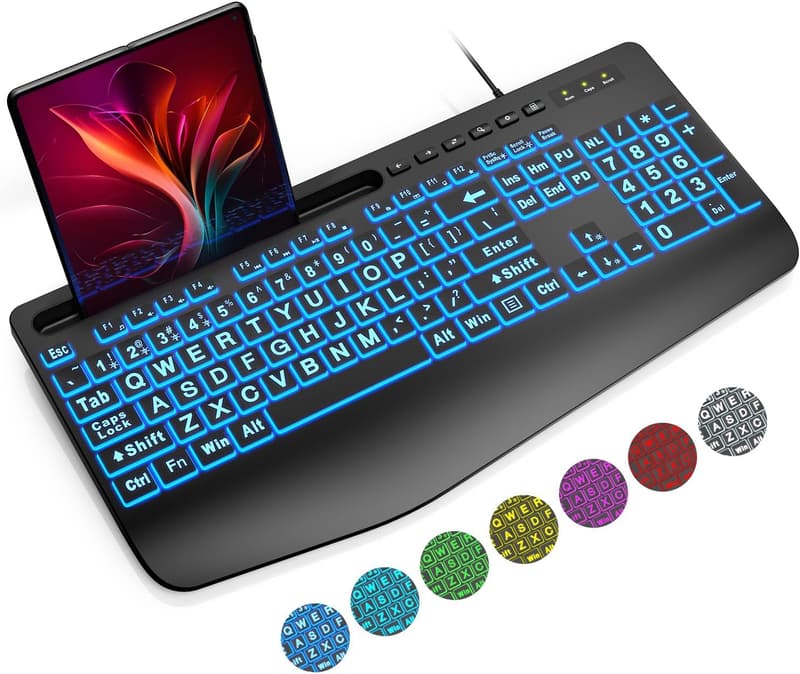 Backlit USB Keyboard with Oversized Keys and Phone Holder