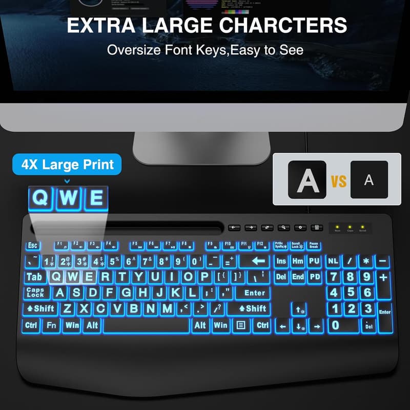 Backlit USB Keyboard with Oversized Keys and Phone Holder