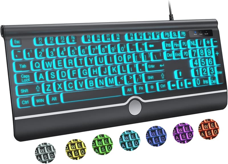 Backlit USB Computer Keyboard with Wrist Rest & 7 Colors