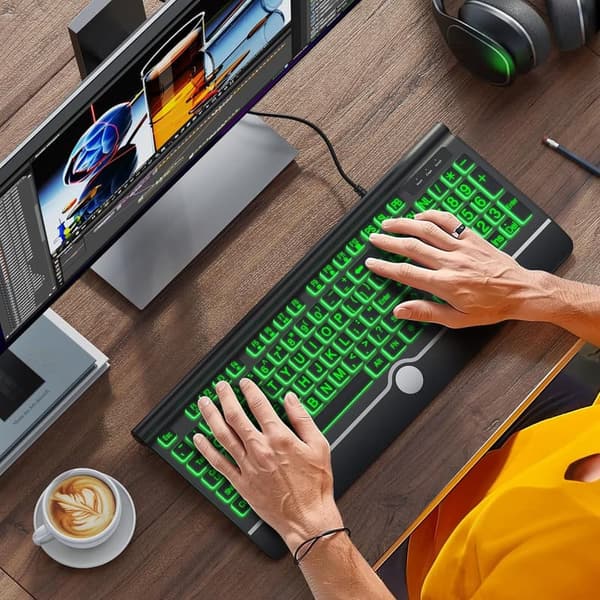 Backlit USB Computer Keyboard with Wrist Rest & 7 Colors
