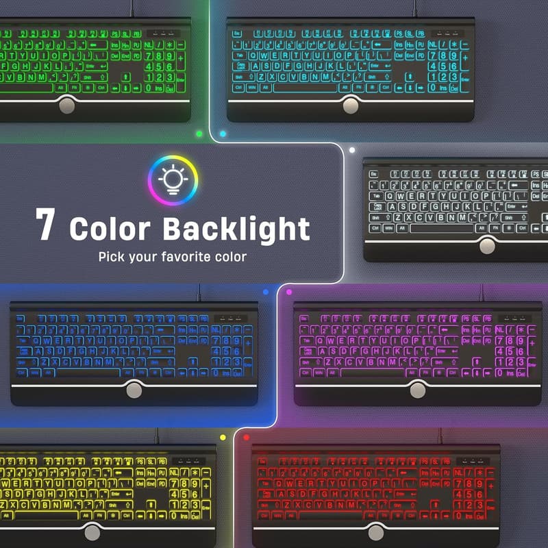 Backlit USB Computer Keyboard with Wrist Rest & 7 Colors