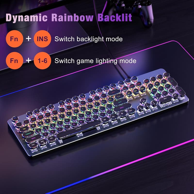 Retro Punk Mechanical Gaming Keyboard with Rainbow LED Backlight