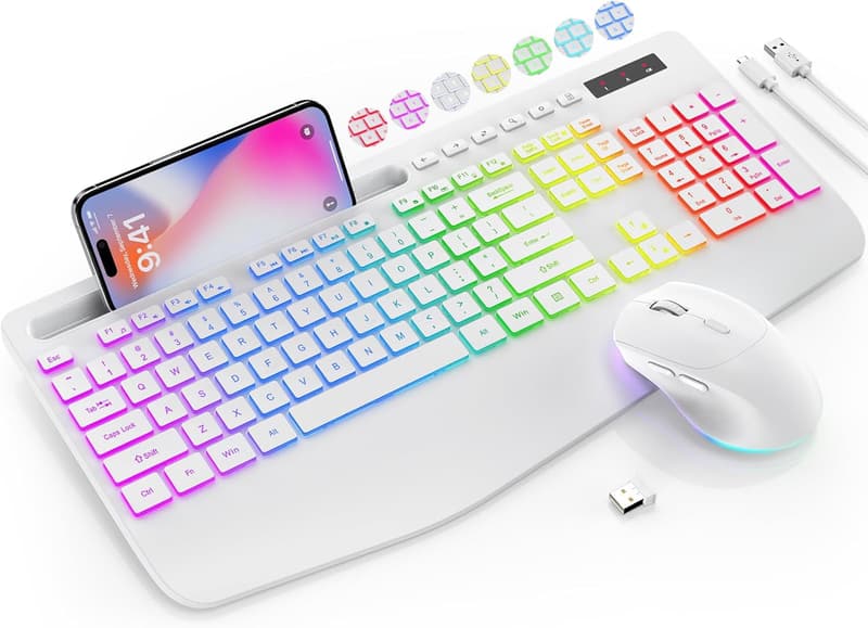 Wireless Backlit Keyboard & Mouse Combo with Wrist Rest, White