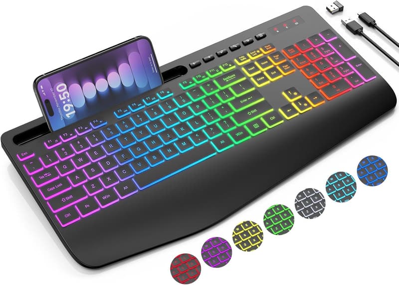 Wireless Ergonomic Keyboard with 8-Color Backlight and Phone Holder